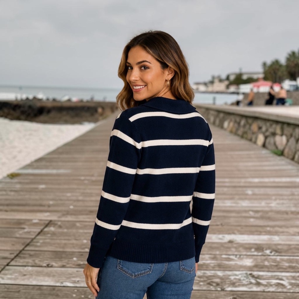 NWT Style & Co Striped Johnny Collar Cotton Blend Sweater Navy Ivory Size S
